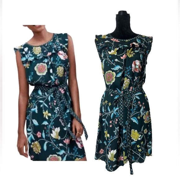 Loft Green Floral Flutter Cap Sleeve Belted Dress Size Small - Picture 1 of 16